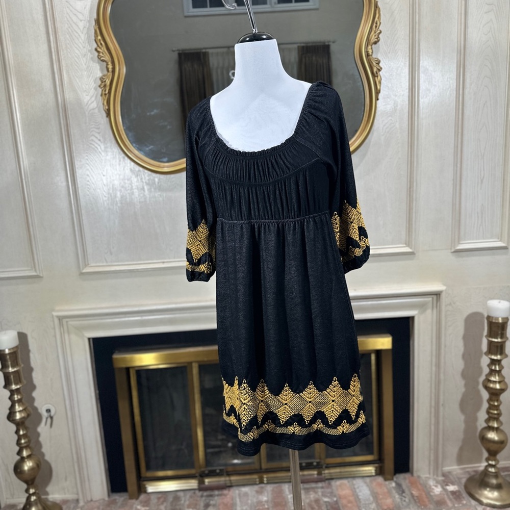 Uncle Frank Black Embroider Peasant Dress M Boho Folk Tunic Gold Stitching Scoop